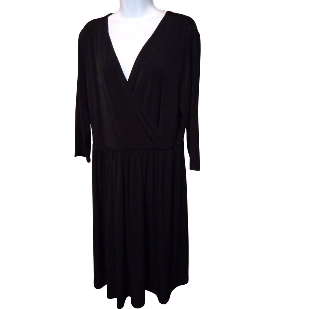 Lane Bryant Black Faux Wrap Midi Dress 3/4 Sleeve V-Neck Plus Size‎ 14/16